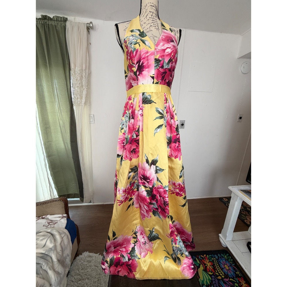 Teeze Me Gown Women Juniors 11/12 Yellow Floral Prom Wedding Bridal Halter